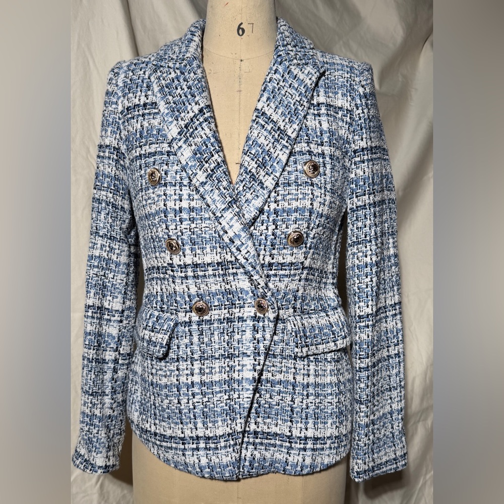 Elegant Blue Tweed Double-Breasted Blazer